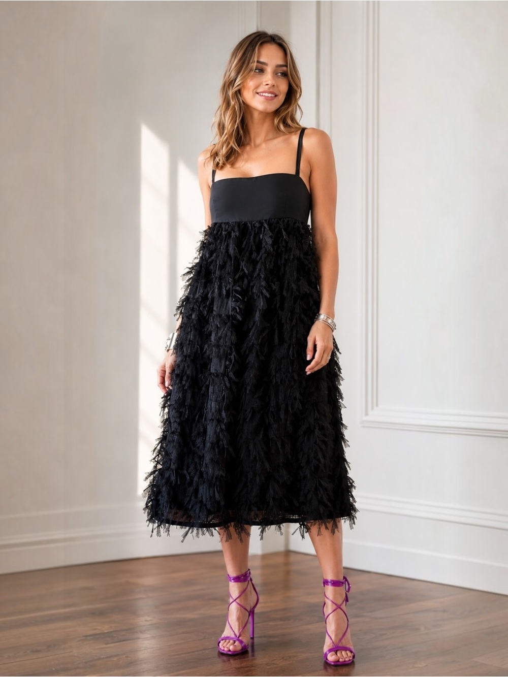 Baum und Pferdgarten Acalya Fringe Mesh Midi Dress Black Size 42 US 10